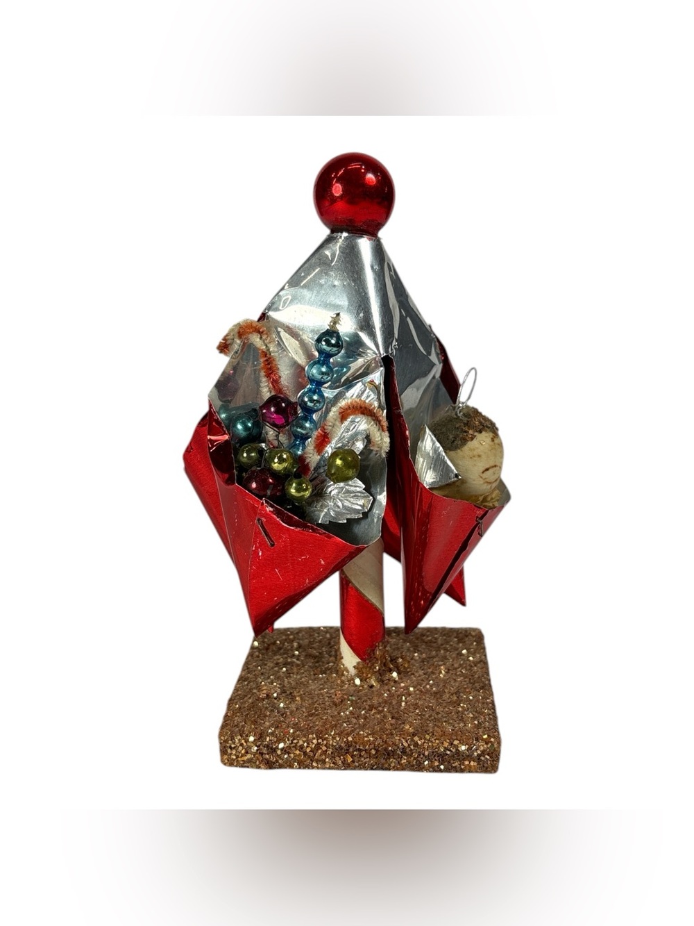 Vtg 5.5" Red Japanese Mica and Foil Folded Reflector Tabletop Christmas Ornament